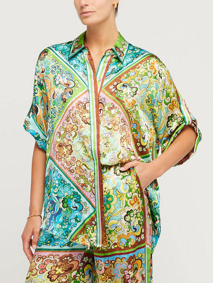 Elegant Satin Print Button-Up Two-Piece Ensemble