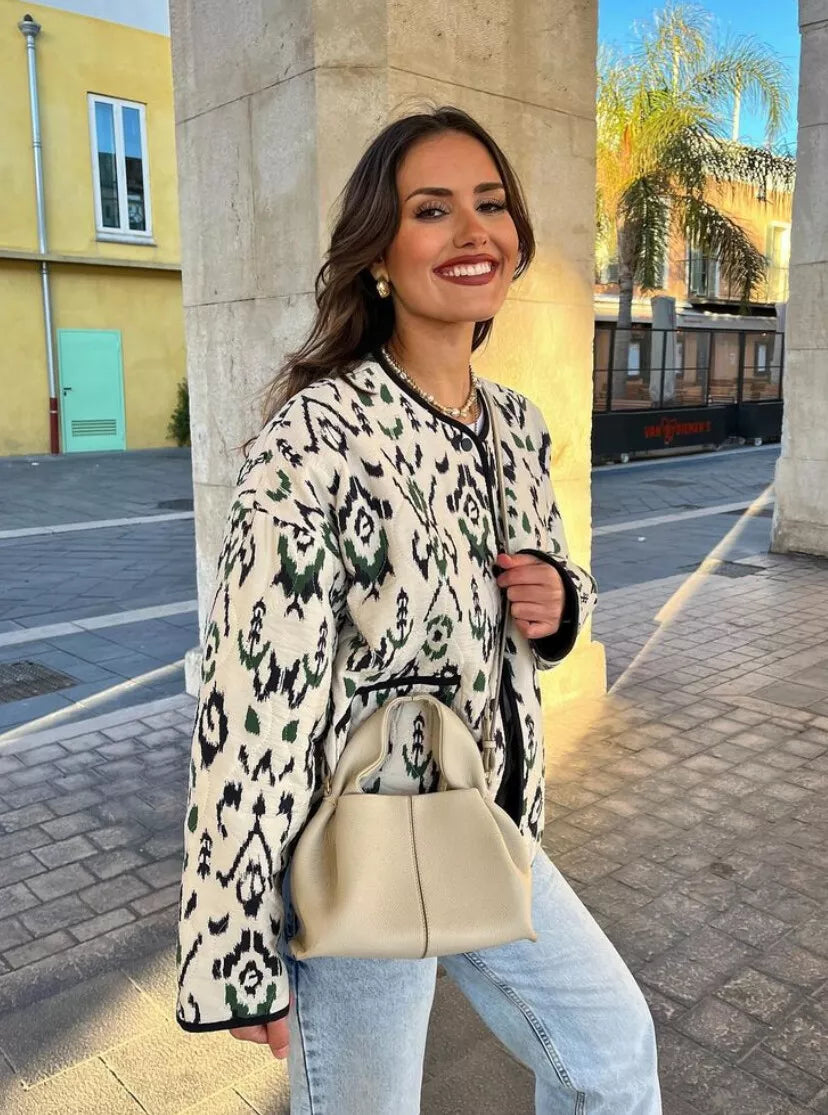 Lightweight Quilted Jacket with Geometric Print