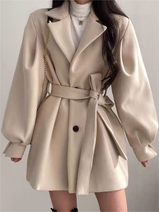 Nancy - Coat with Lapel Collar, Puff Sleeves and Belt