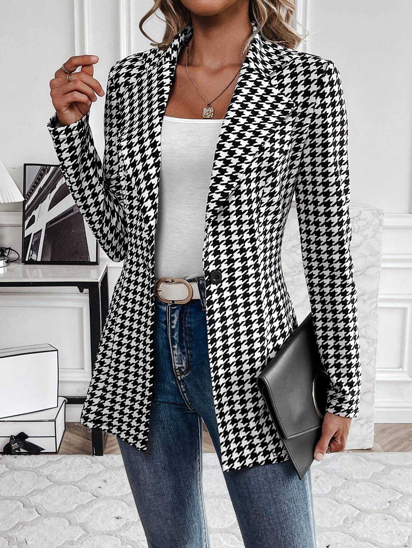 Yalda - Elegante dames blazer met Pied-De-Poule print en knoopsluiting